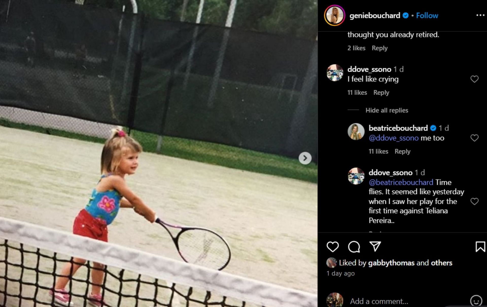 Beatrice comments on Eugenie Bouchard's post; Instagram - @geniebouchard